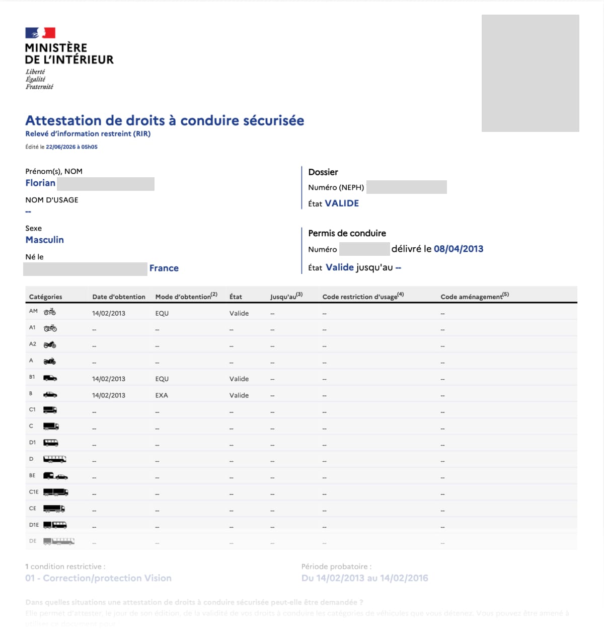 The certificate issued by the French Embassy in Seoul confirming the validity of a French driving license